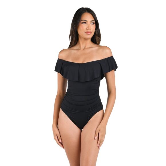 La Blanca Island Goddess Off Shoulder Ruffle One Piece - Black -  various sizes - Picture 1 of 6